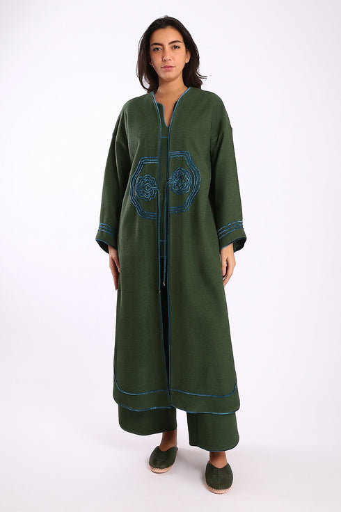 Embroidered long coat in cotton and viscose cashmere with pockets